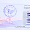 Taufeinladung "Sweet Circle" in Lila, Flieder und Rosapersonalisiert mit 3D-Schmetterling. Pünktchenband in Rosa. Taufkarte mit Personalisierung, Taufspruch und Babyfüsschen. © KARTEN-DESIGN.at