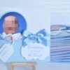 Taufeinladung weiß mit individuellem Prägemotiv und Foto des Babys. Mittig ein edles Satinband in Wunschfarbe Hellblau, sowie farbiger Papierakzent in Baby-Blau. Mit personalisierten Anhänger und individuellen Einladungstext. Format: 13,5 x 13,5 cm; Design: Sweet Baby; © KARTEN-DESIGN.at Nicki Hess